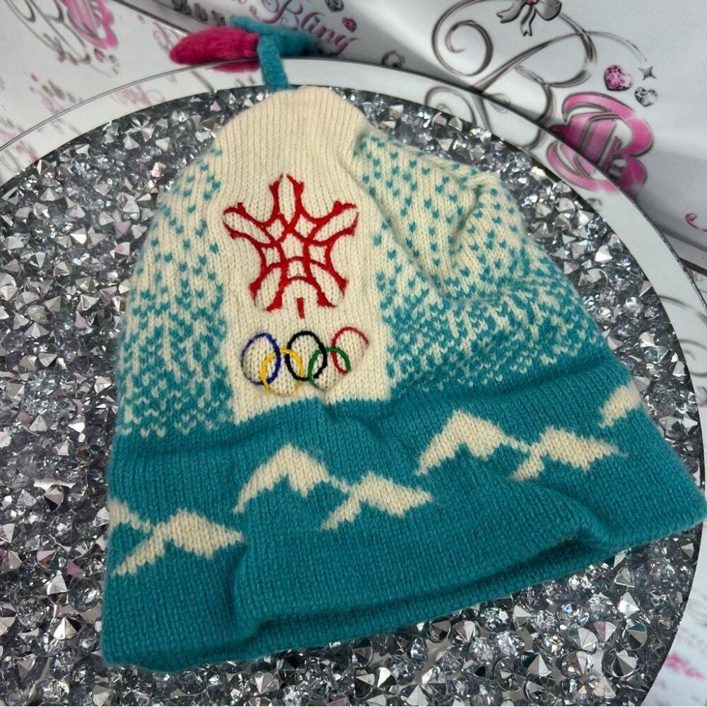 1988 Hat Olympics Olympic Winter Knit Hat with Embroidered Design Teal toque kid